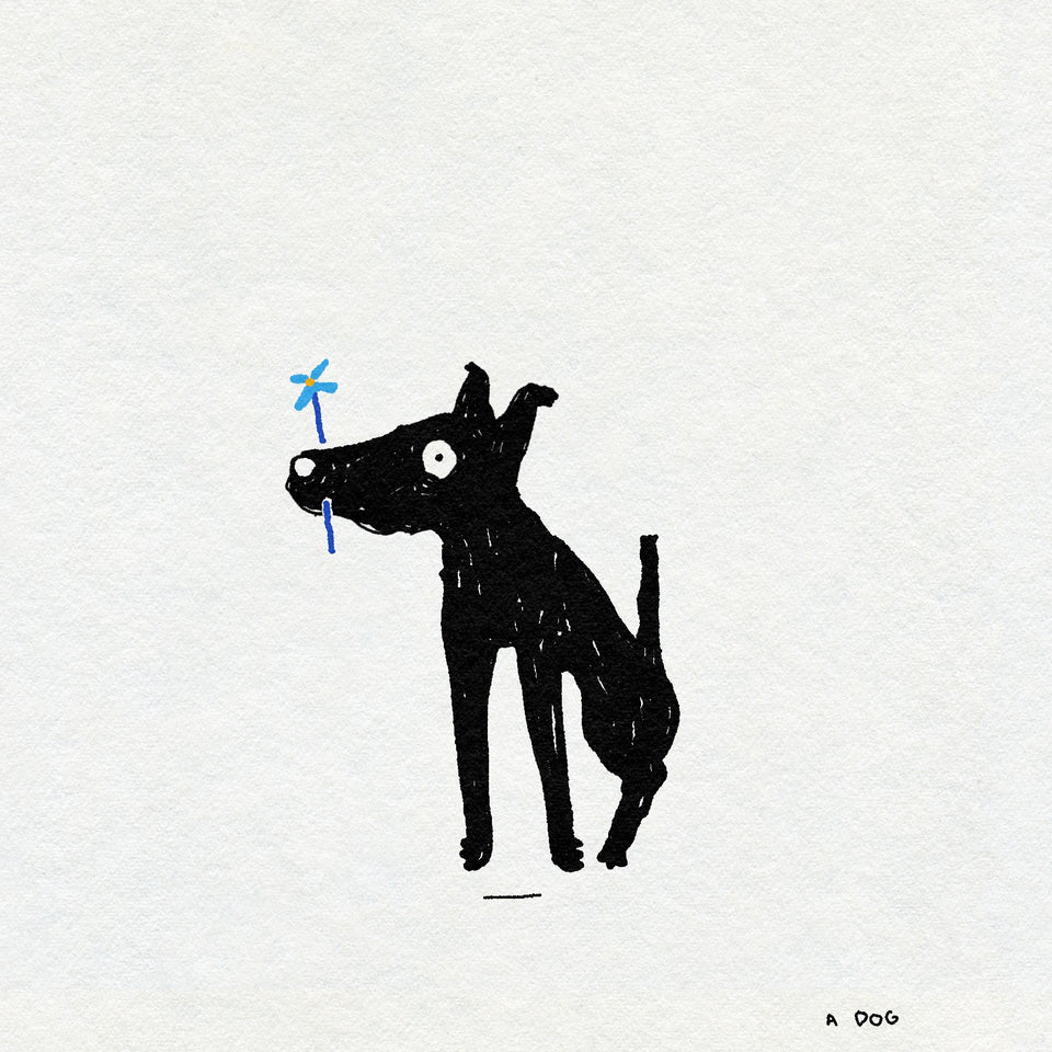 A textural drawing of a black dog sitting with a dainty blue flower it their mouth. The text underneath says A DOG