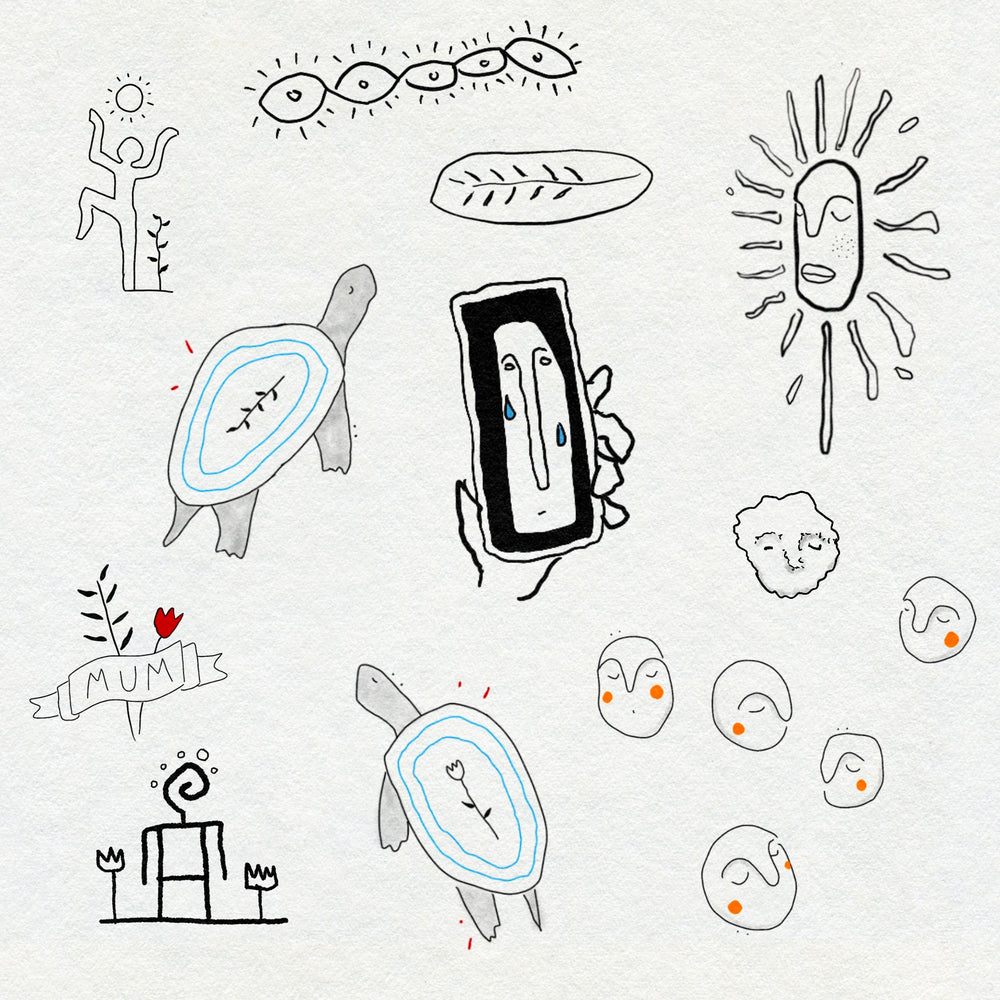 Collection of fineline and minimal drawings on a light gray background including images of sunshine, plants, flowers, turtles and faces.