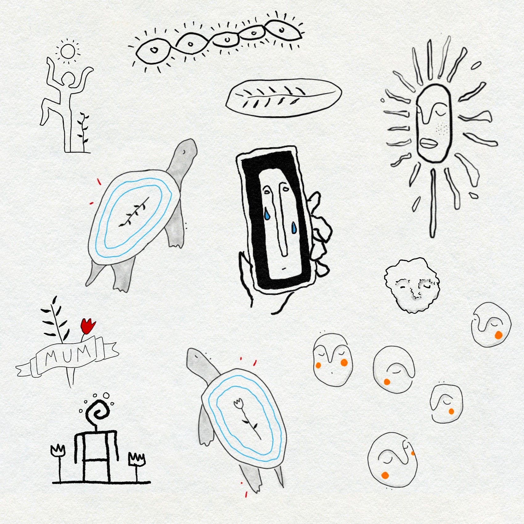 Collection of fineline and minimal drawings on a light gray background including images of sunshine, plants, flowers, turtles and faces.