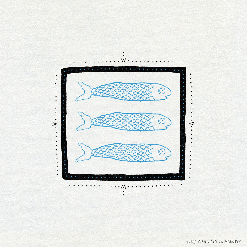 Fine line illustration of three blue fish inside a bold black square frame on a white background