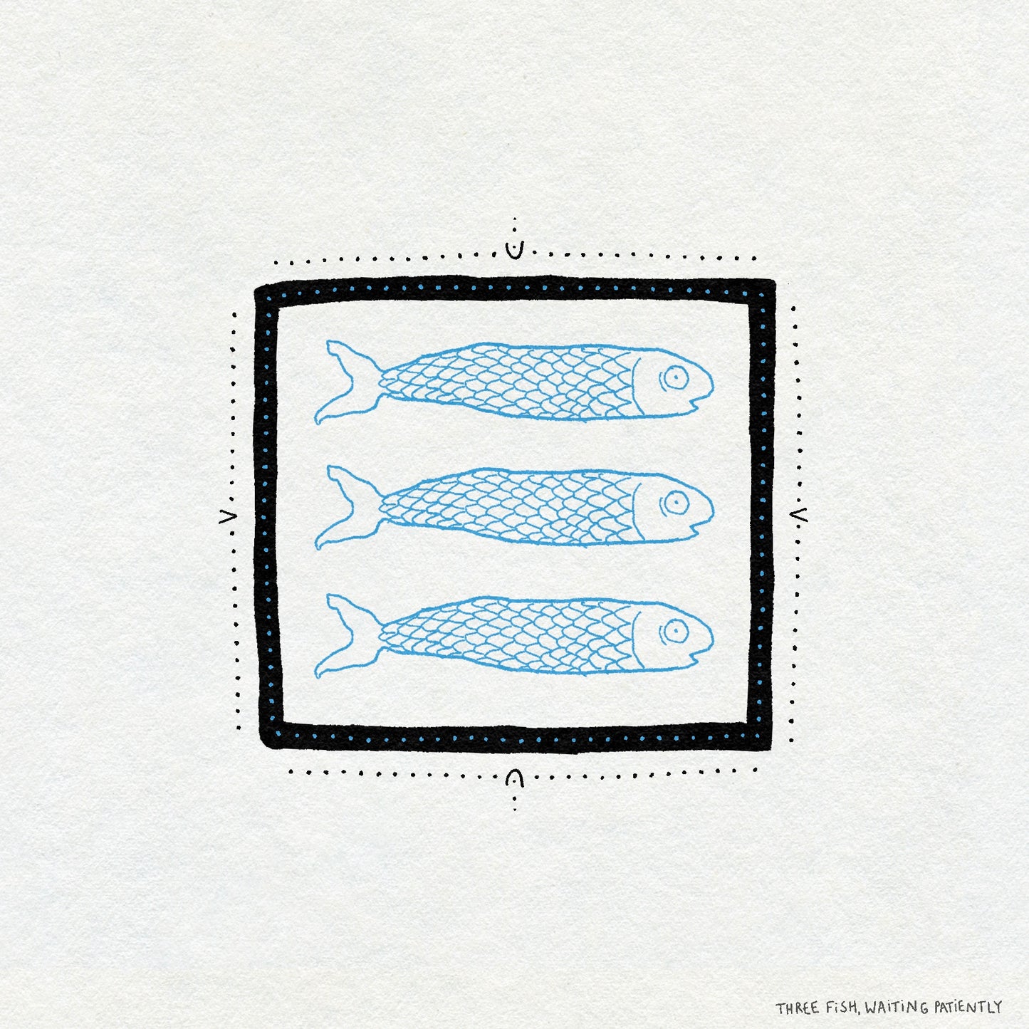 Fine line illustration of three blue fish inside a bold black square frame on a white background
