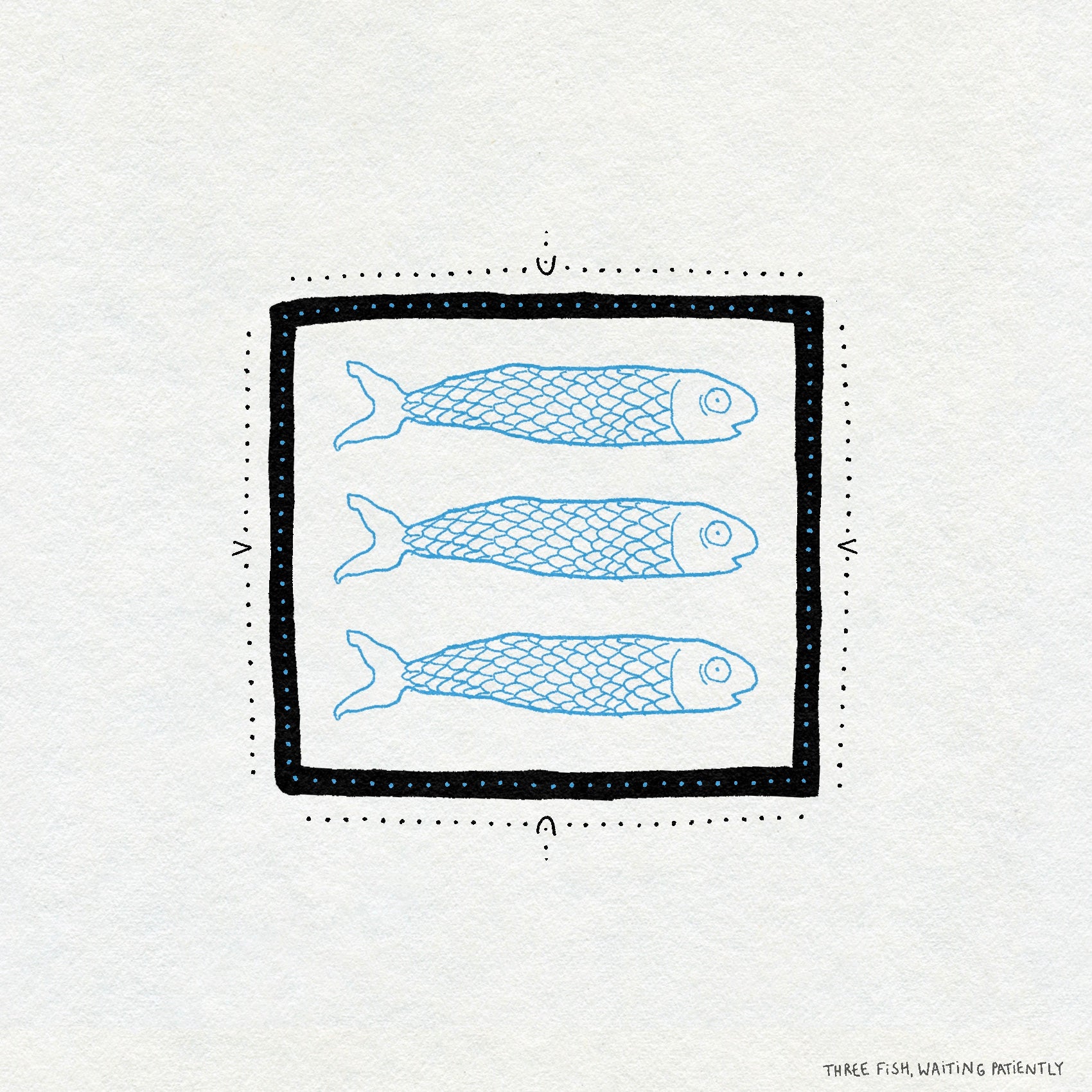 Fine line illustration of three blue fish inside a bold black square frame on a white background