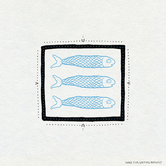 Fine line illustration of three blue fish inside a bold black square frame on a white background