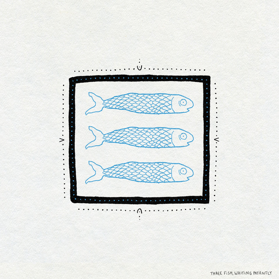 Fine line illustration of three blue fish inside a bold black square frame on a white background