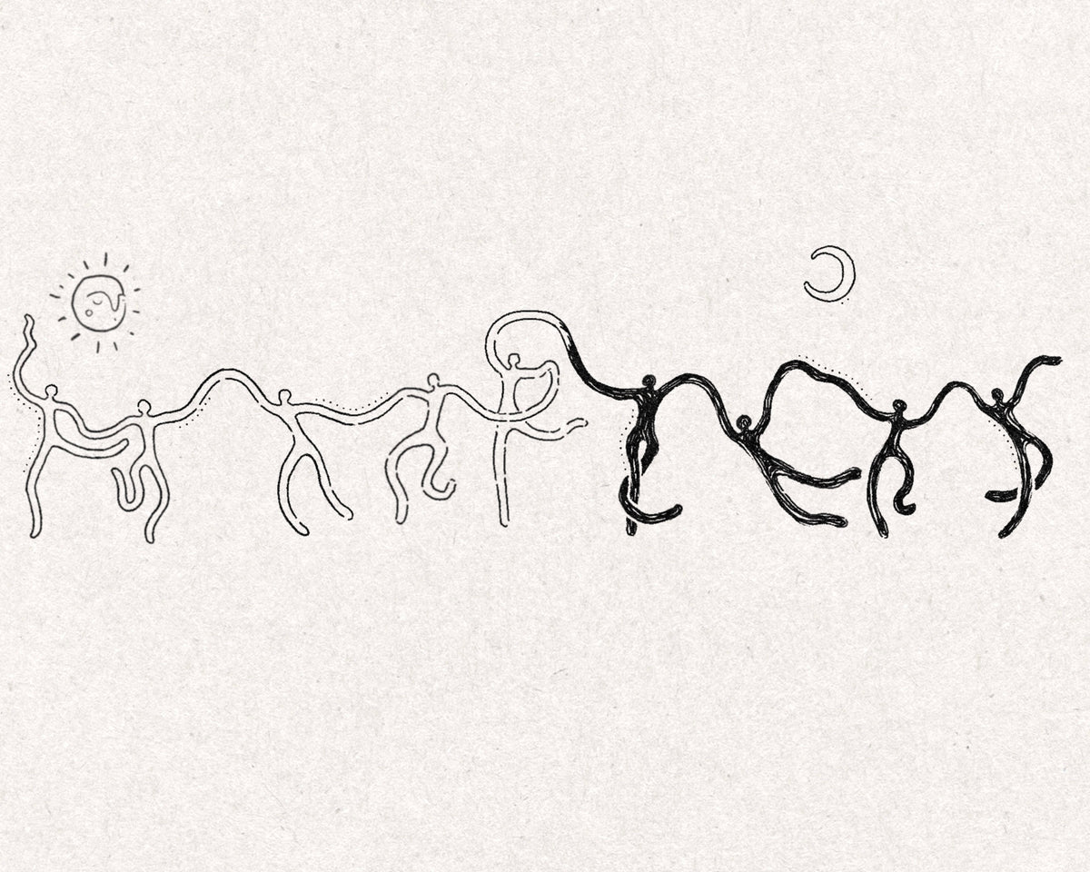 Chain of dancing figures holding hands, open outlines beneath a sleeping sun turning into solid black beneath a crescent moon