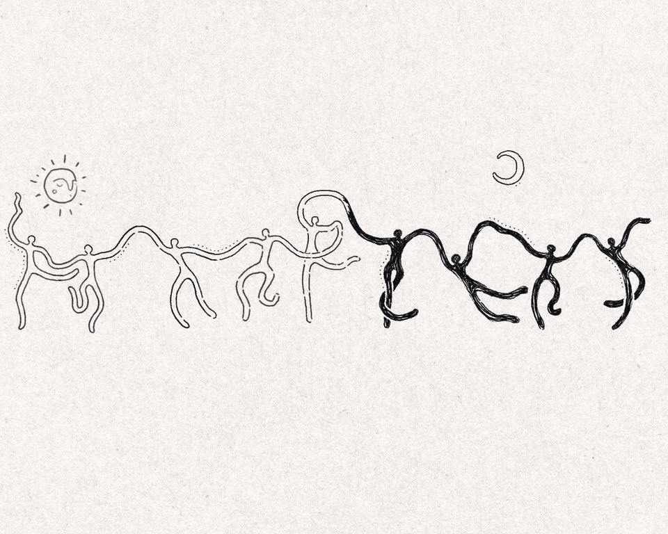 Chain of dancing figures holding hands, open outlines beneath a sleeping sun turning into solid black beneath a crescent moon