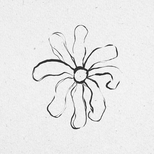 Black line drawing, using textured sketch style lines, of a flower on a textured white background