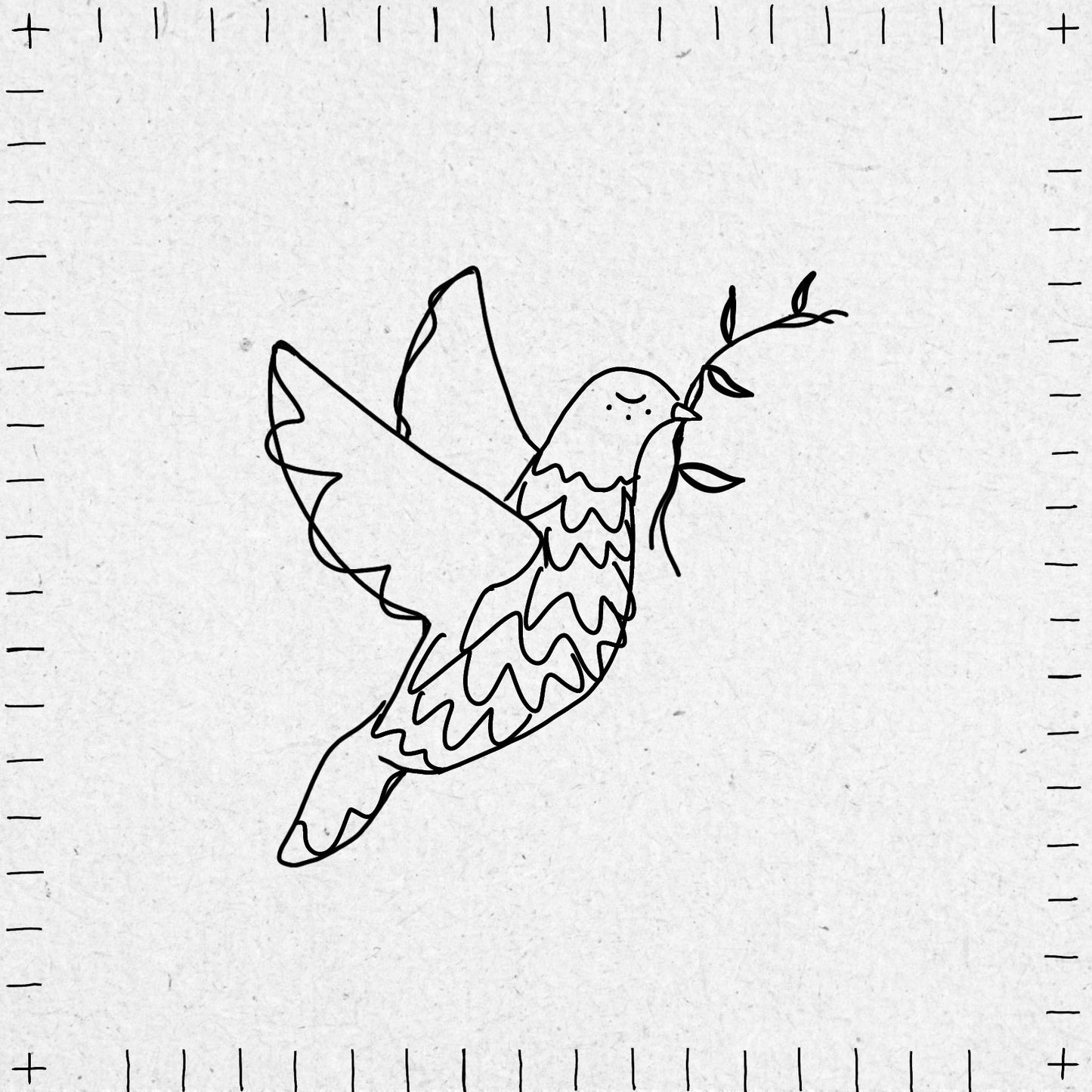 Line drawing in a sketch style of a dove holding an olive branch on a textured white background