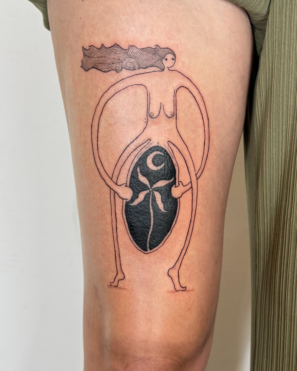 Large thigh tattoo of a Sheela na gig figure, by Eli Inking in Bristol