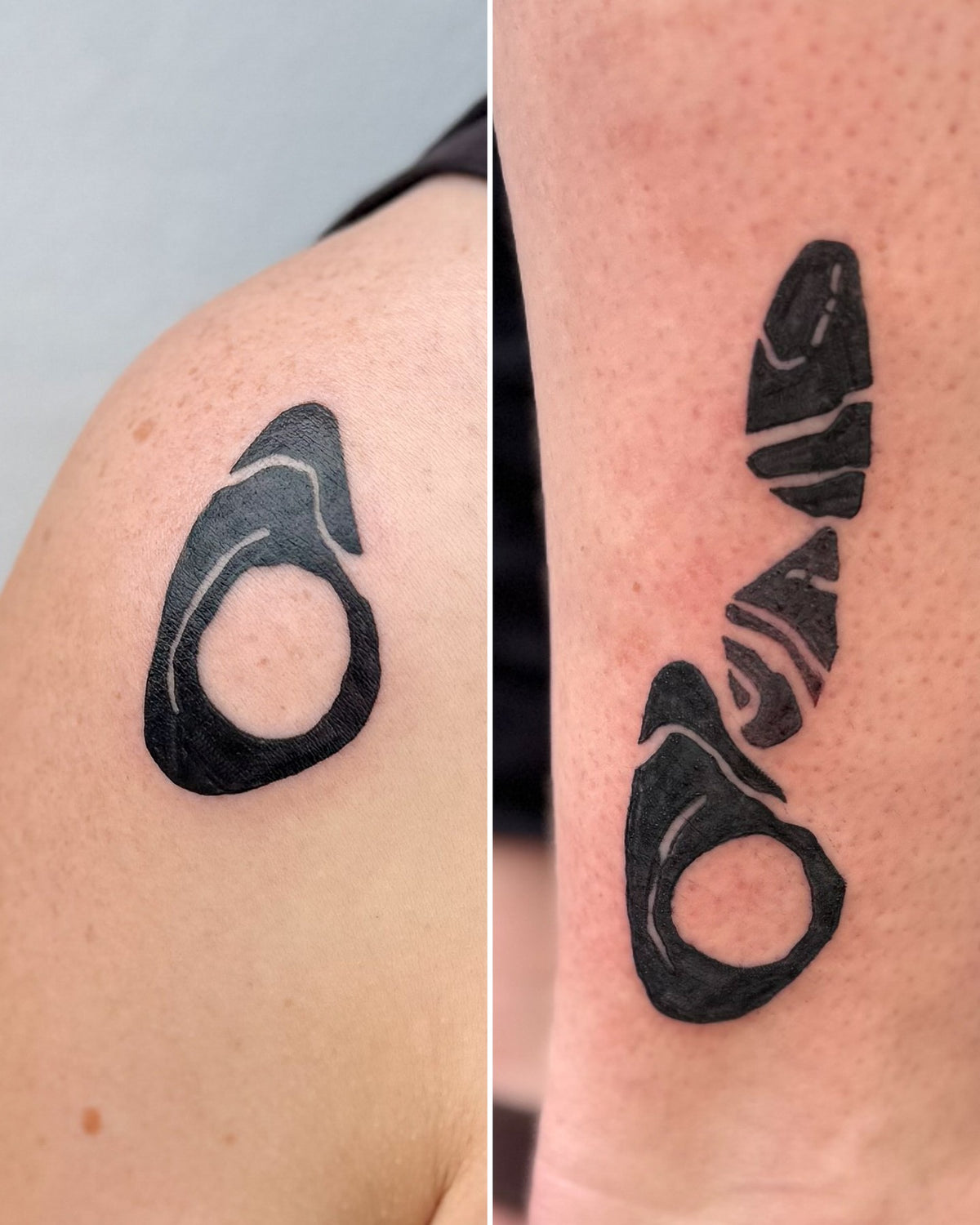 Matching bold black pebble tattoos, a single pebble on a shoulder and a stack of pebbles on a calf, by Eli Inking in Bristol