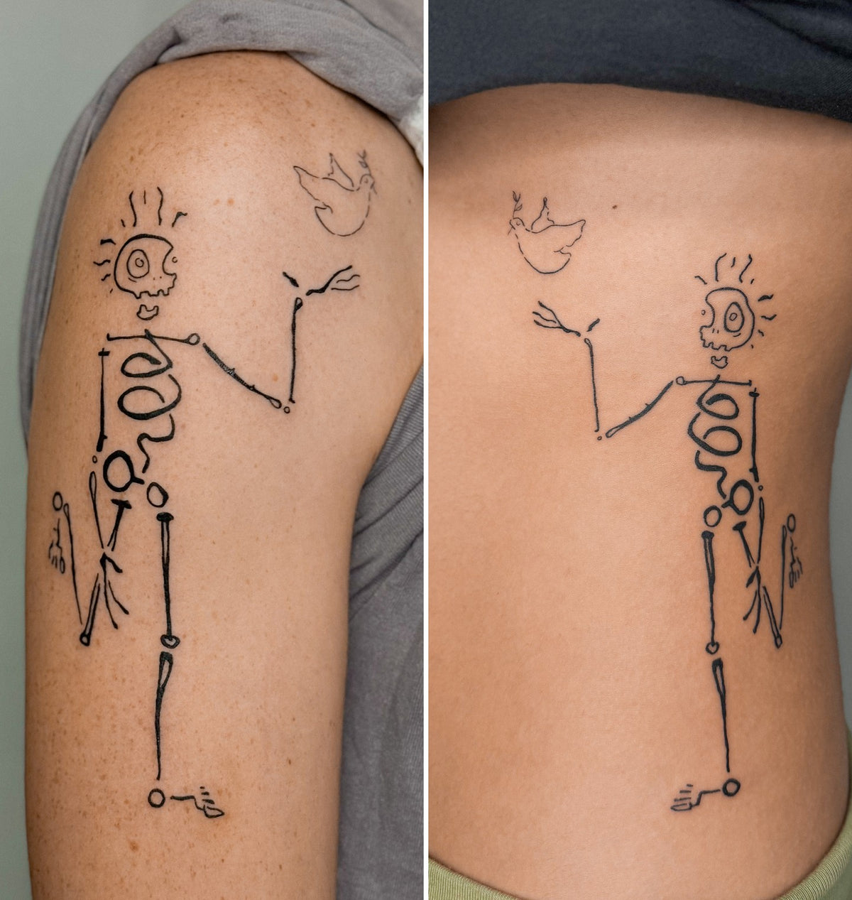 Matching skeleton tattoos reaching for a little bird, mirrored, on an upper arm and on ribs, by Eli Inking in Bristol