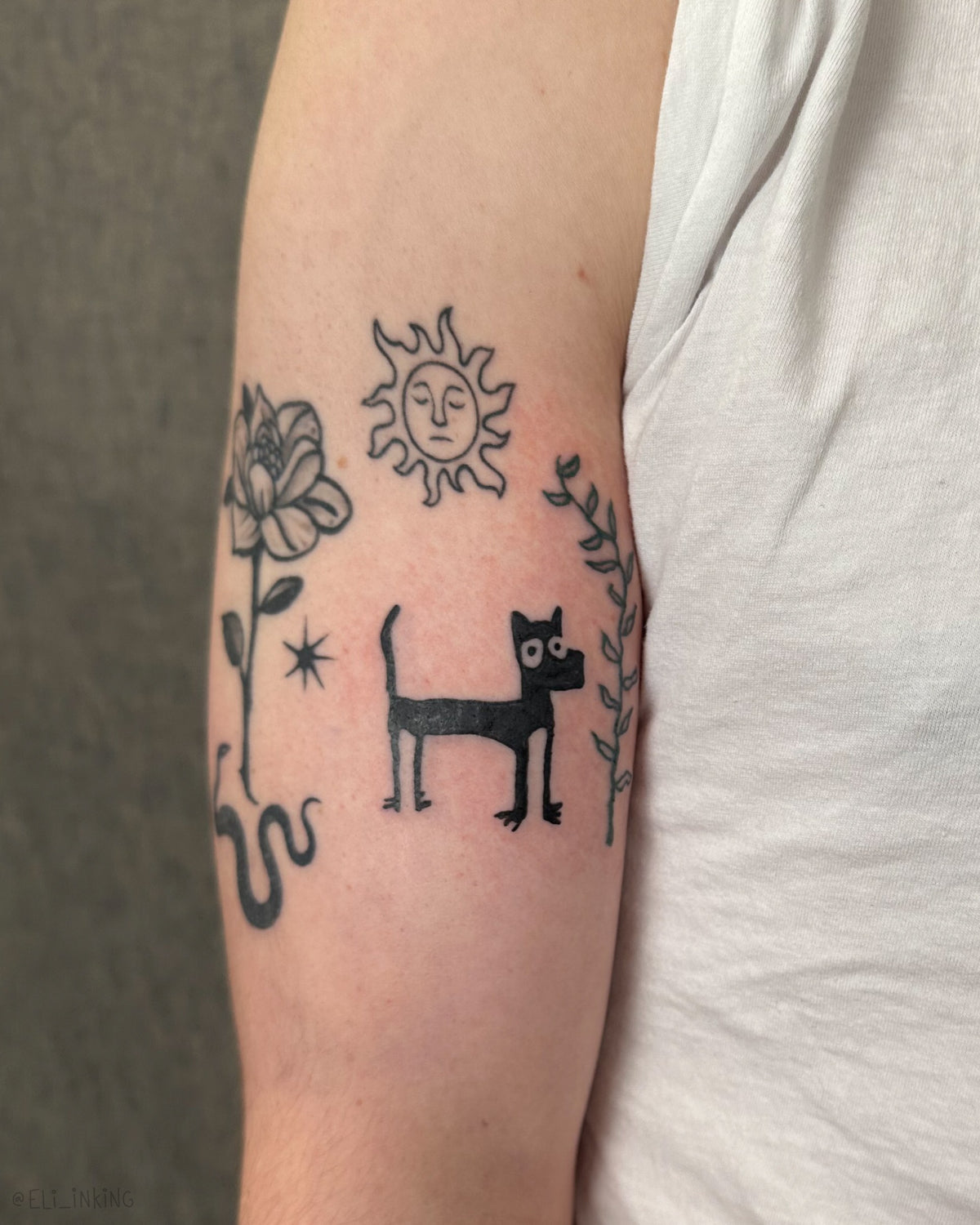 Dog and plant tattooed under an existing sun, wrapping around an arm