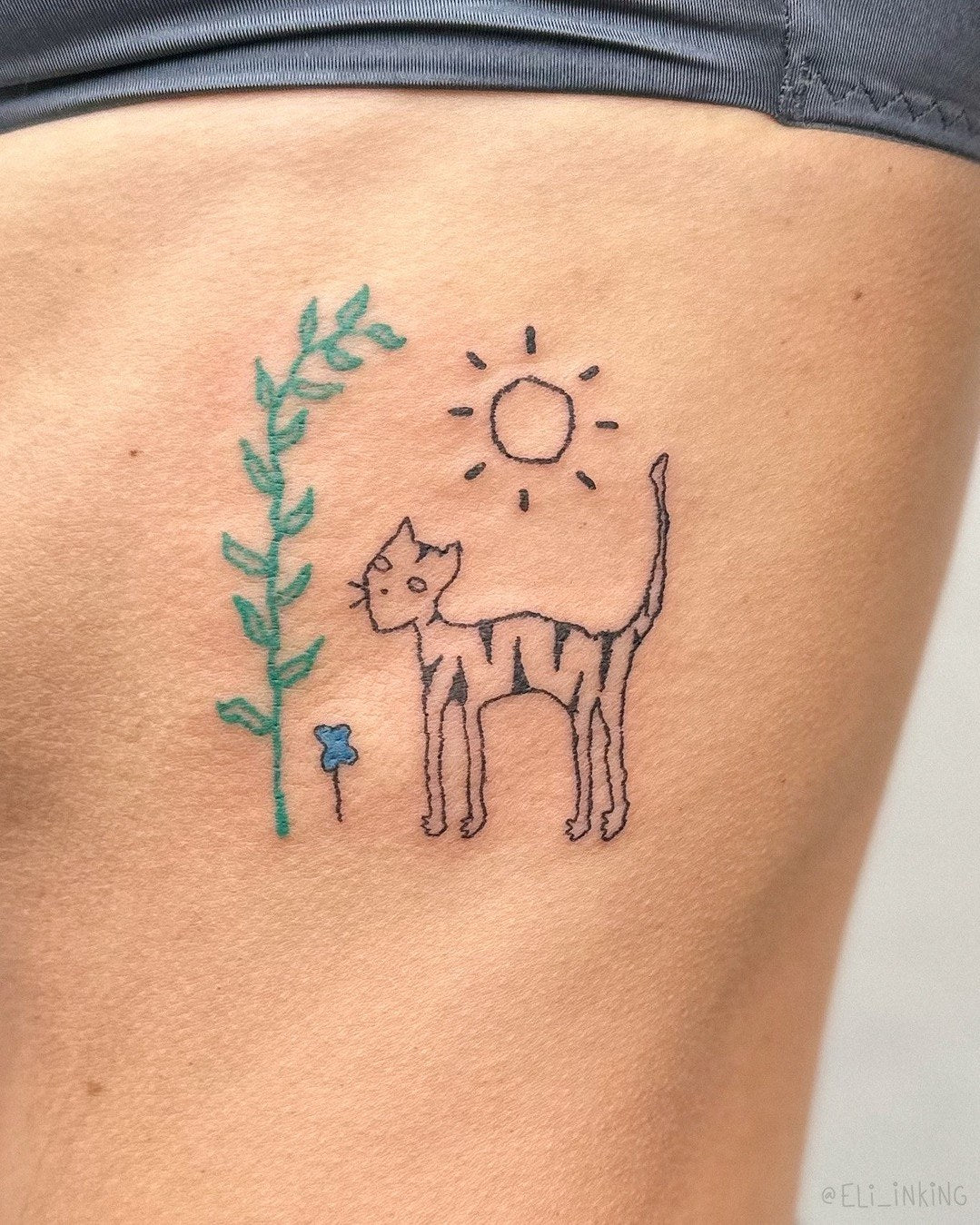 Healed tattoo of a striped cat beside a green leafy plant and a little sun, on the ribs, by Eli Inking in Bristol
