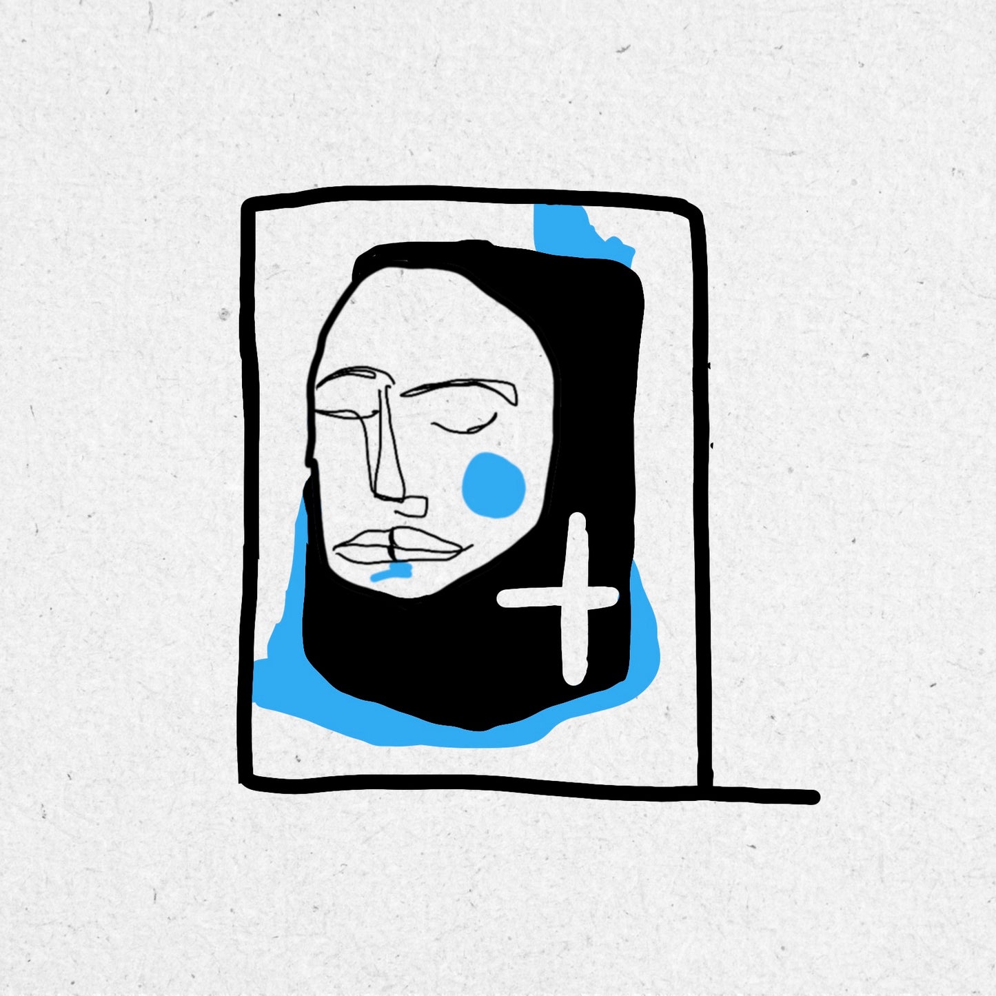 Abstract drawing in black ink of a face with a black outline on a textured white background. The figure as a blue splash behind them and a blue cheek.
