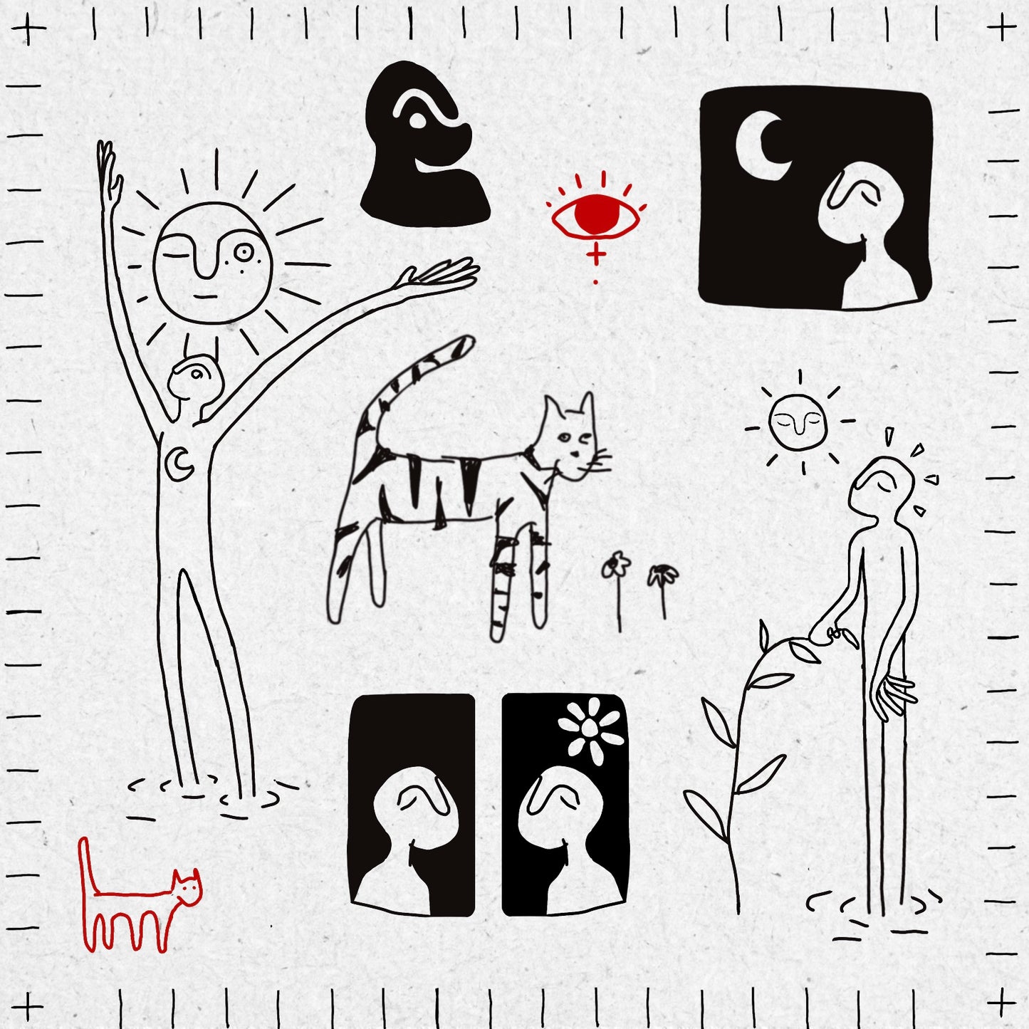 Black and white fineline and blackwork illustrations of figures, a cat, plants and flowers on a textured background in black and red ink. 