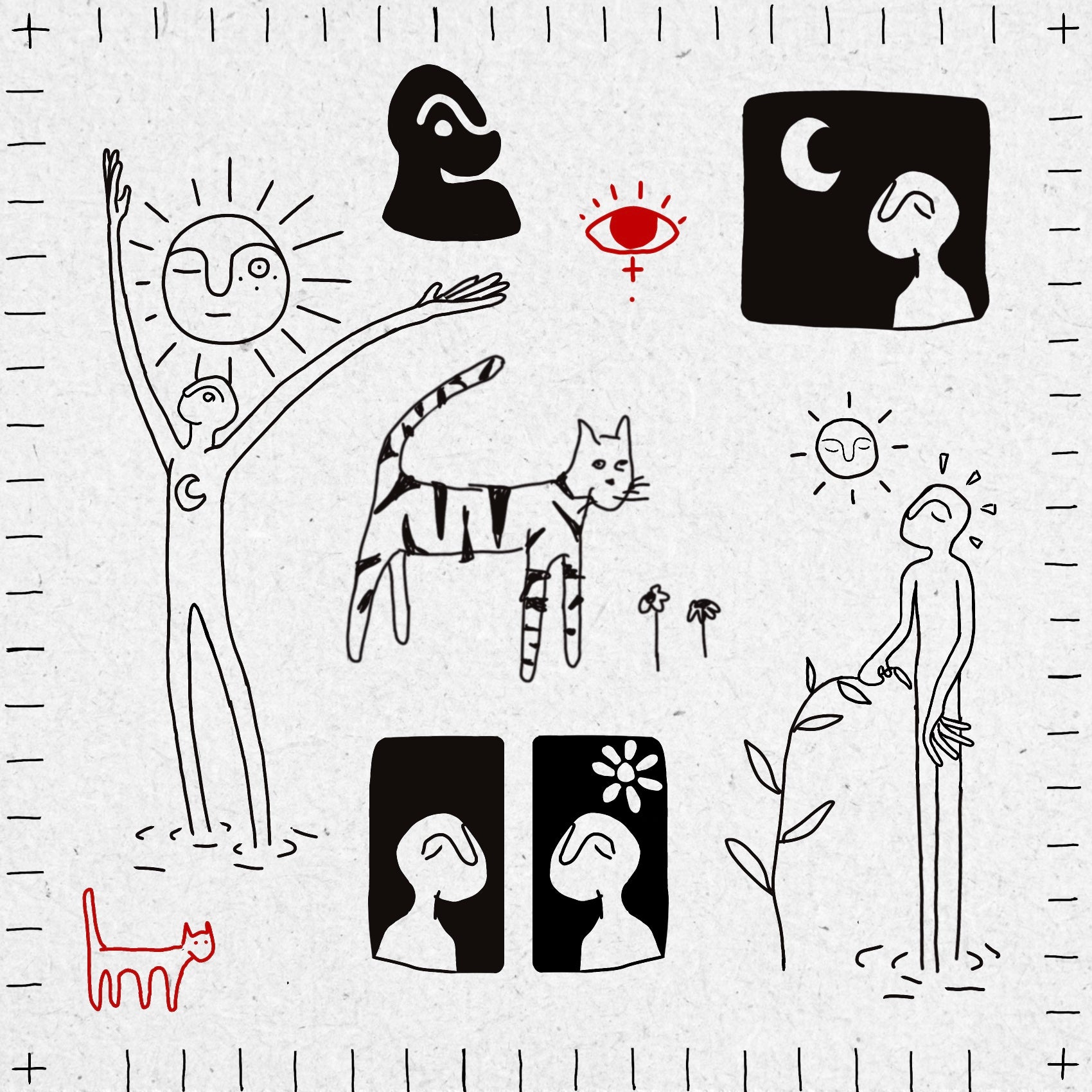 Black and white fineline and blackwork illustrations of figures, a cat, plants and flowers on a textured background in black and red ink. 