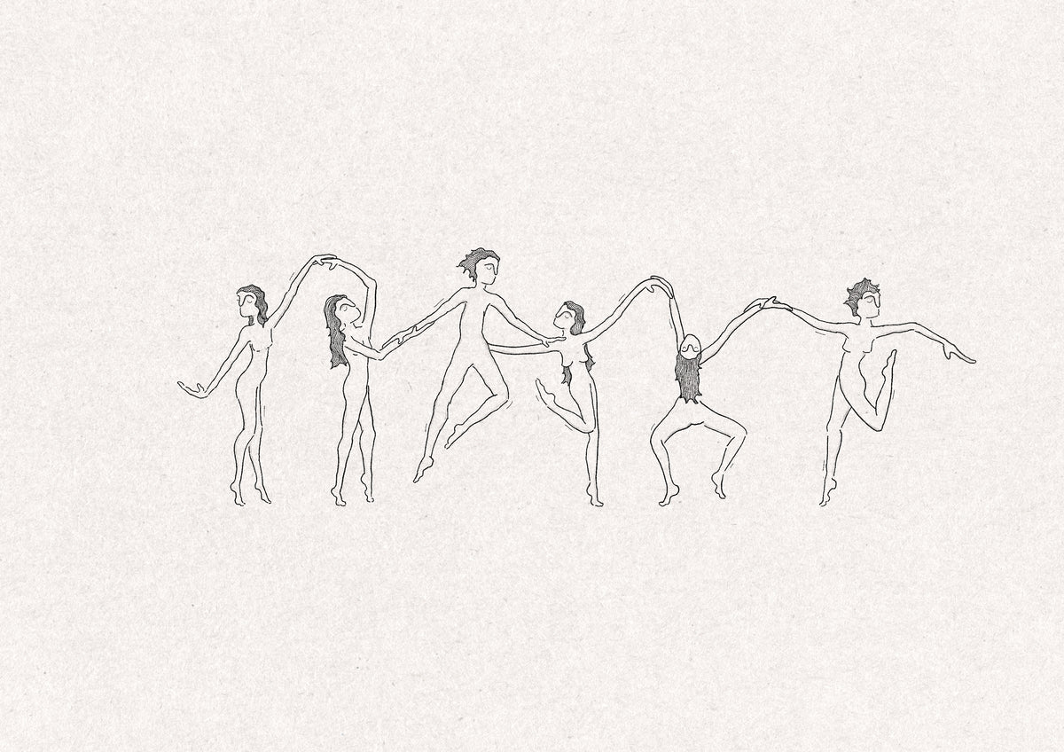 Six fine line figures dancing a Lindy Hop, holding hands in high arches, one leaping and one upside down