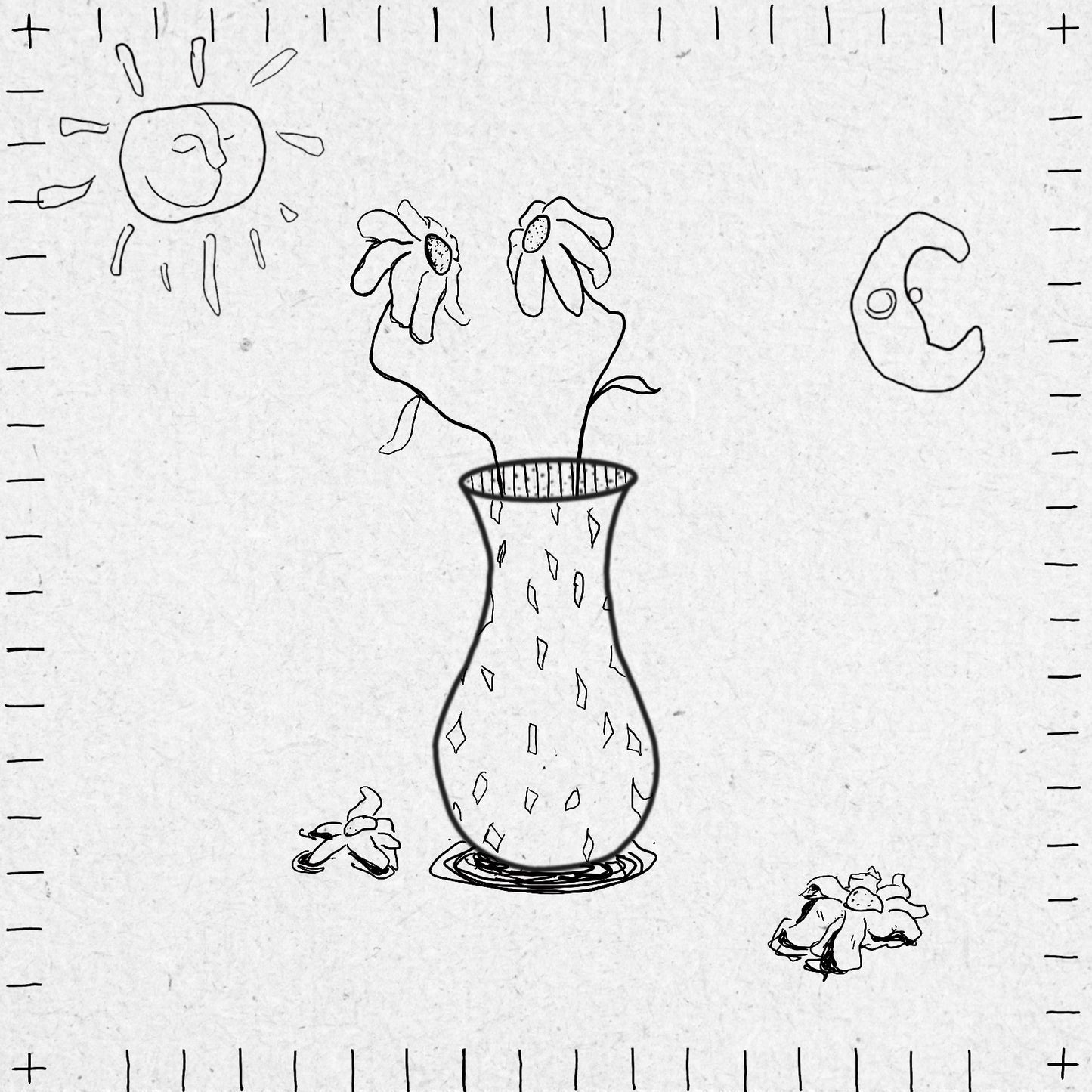 Drawing in black ink of a vase with wilted flowers inside and scattered around it. There is a sunshine and crescent moon above the vase. The vase is patterned on the outside and stripy on the inside. 