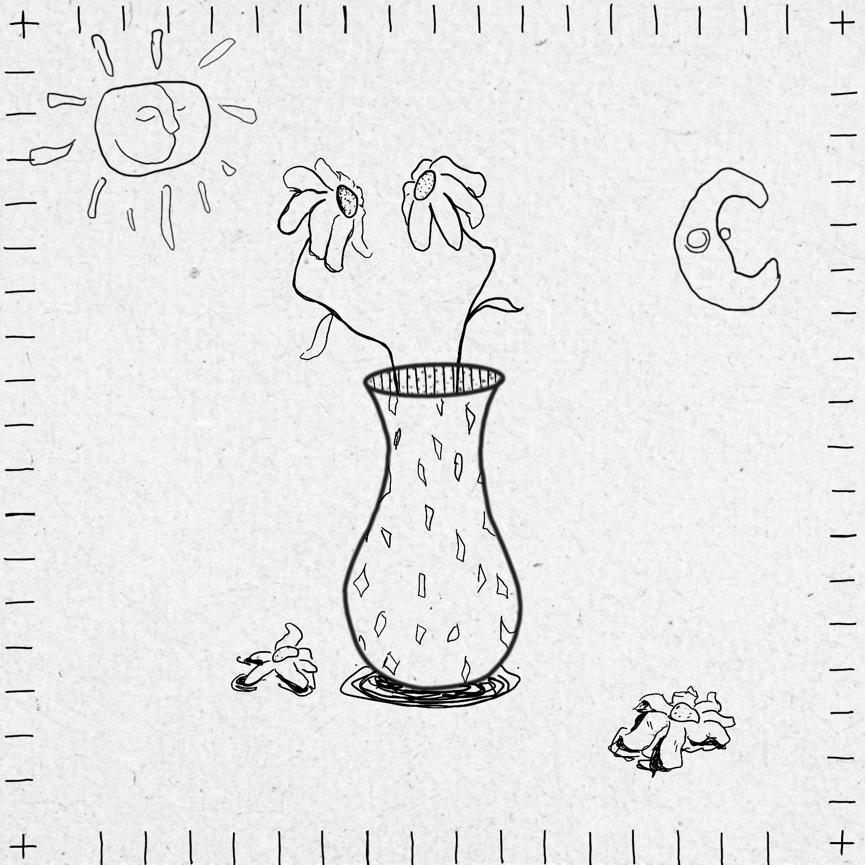Drawing in black ink of a vase with wilted flowers inside and scattered around it. There is a sunshine and crescent moon above the vase. The vase is patterned on the outside and stripy on the inside. 