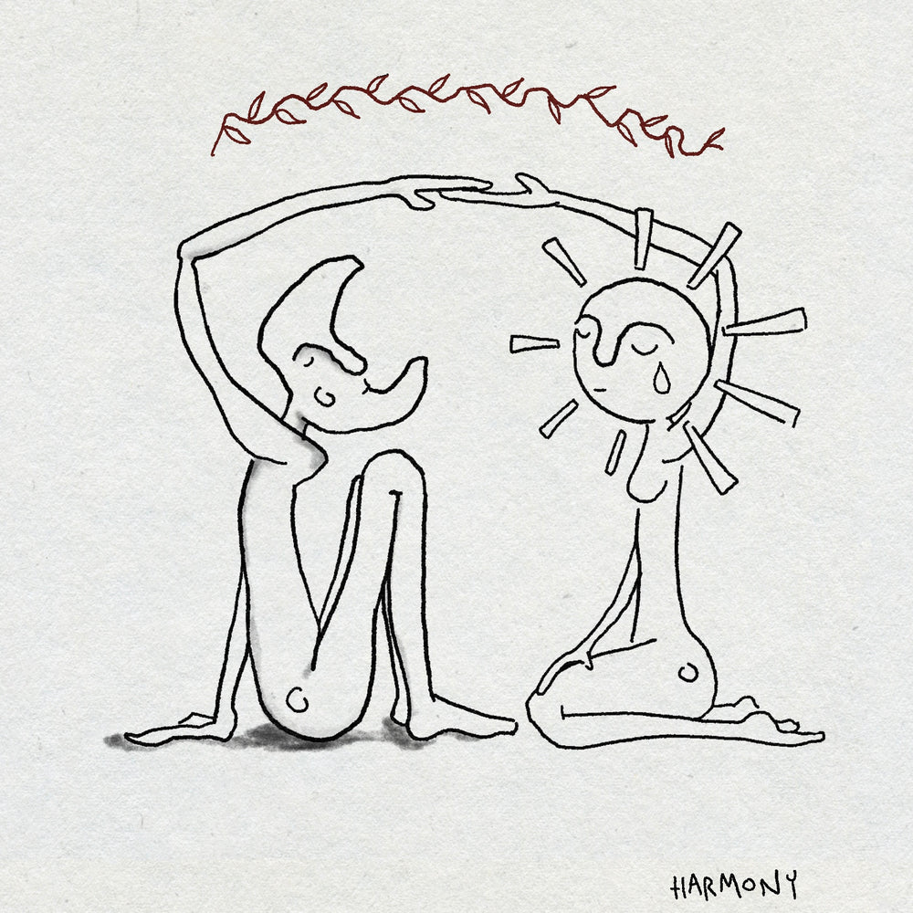 A fine line drawing of two figures kneeling and holding hands about their heads. One has a moon face and one has a sun face and is crying. There is a brown plant above them and the word HARMONY below them.