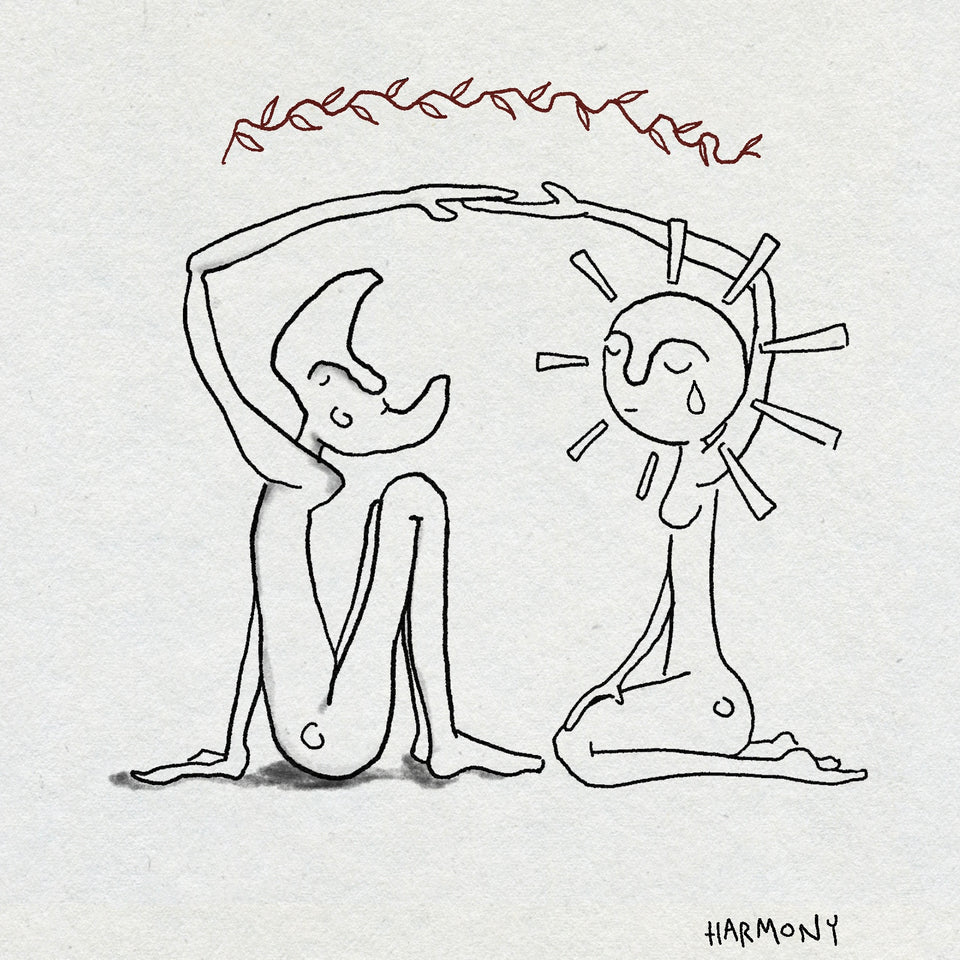 A fine line drawing of two figures kneeling and holding hands about their heads. One has a moon face and one has a sun face and is crying. There is a brown plant above them and the word HARMONY below them.