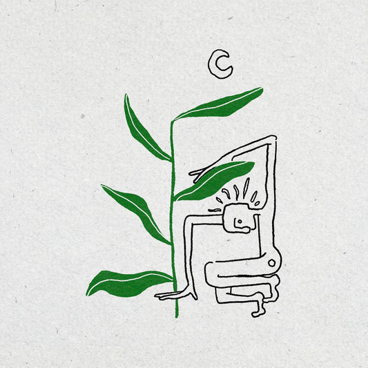 Illustration of a person holding a green plant with leaves on a textured white background with a cresecent moon above them