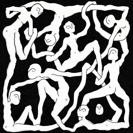 Black and white abstract pattern of human figures in various entwined poses on a black background