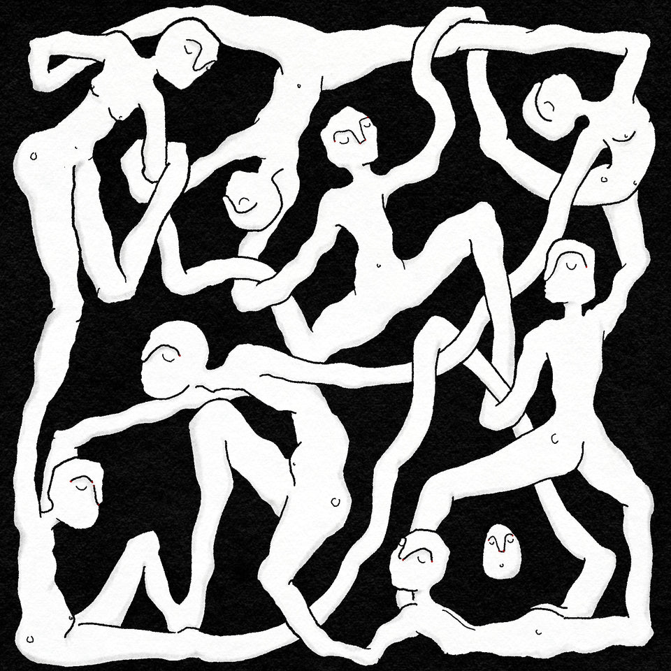 Black and white abstract pattern of human figures in various entwined poses on a black background