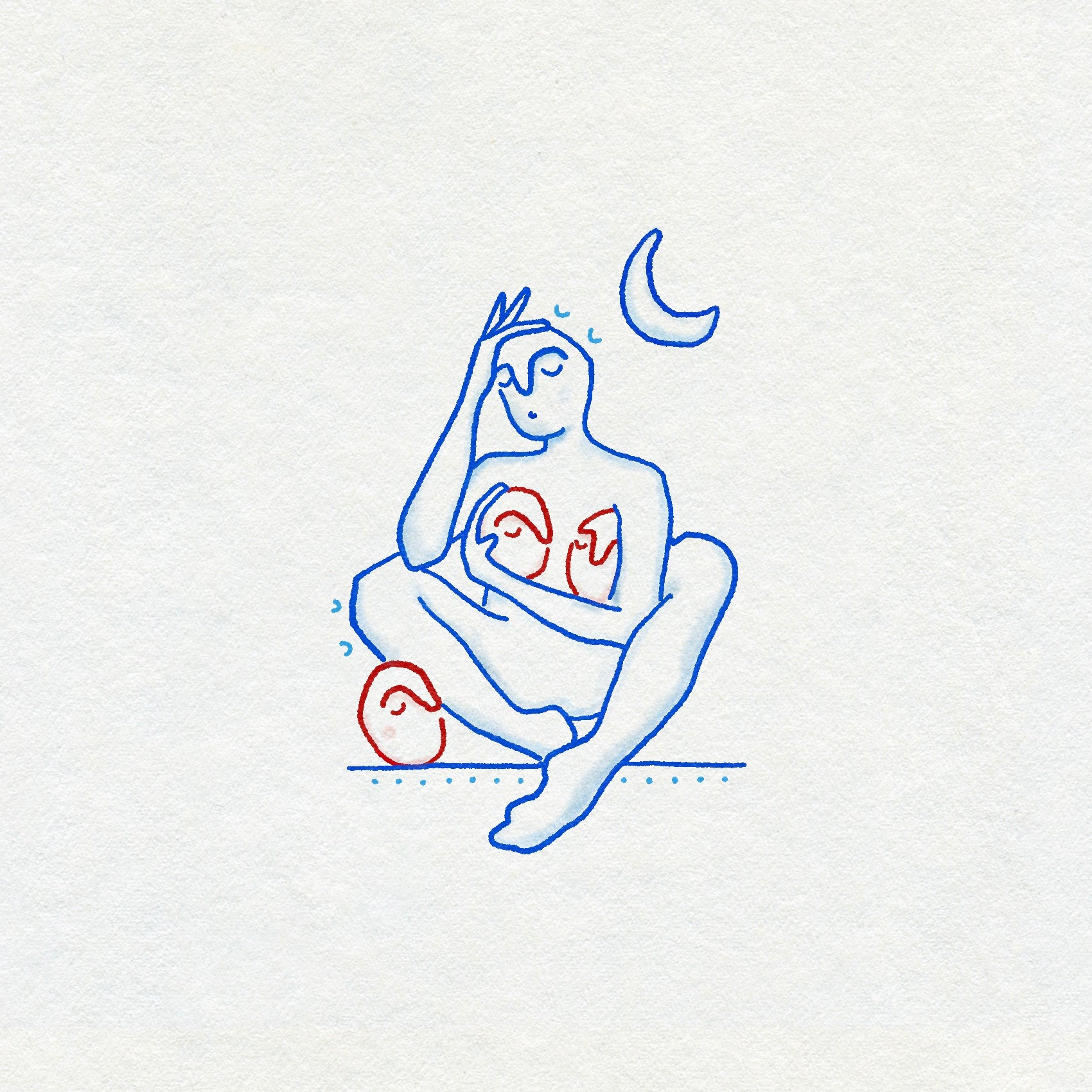 Fineline drawing with soft shading of a person sat cradling three heads with a moon above them. In blue and red ink on a textured background.