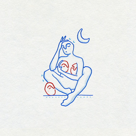 Fineline drawing with soft shading of a person sat cradling three heads with a moon above them. In blue and red ink on a textured background.
