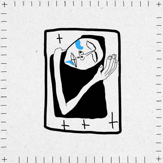 Illustration of a person with a blue mark on their face, framed by a black border on a textured white background. The figure is holding their head.