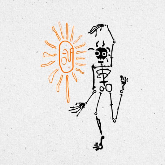 Bold drawing of a skeleton in black ink reaching towards an orange sun on a textured white background