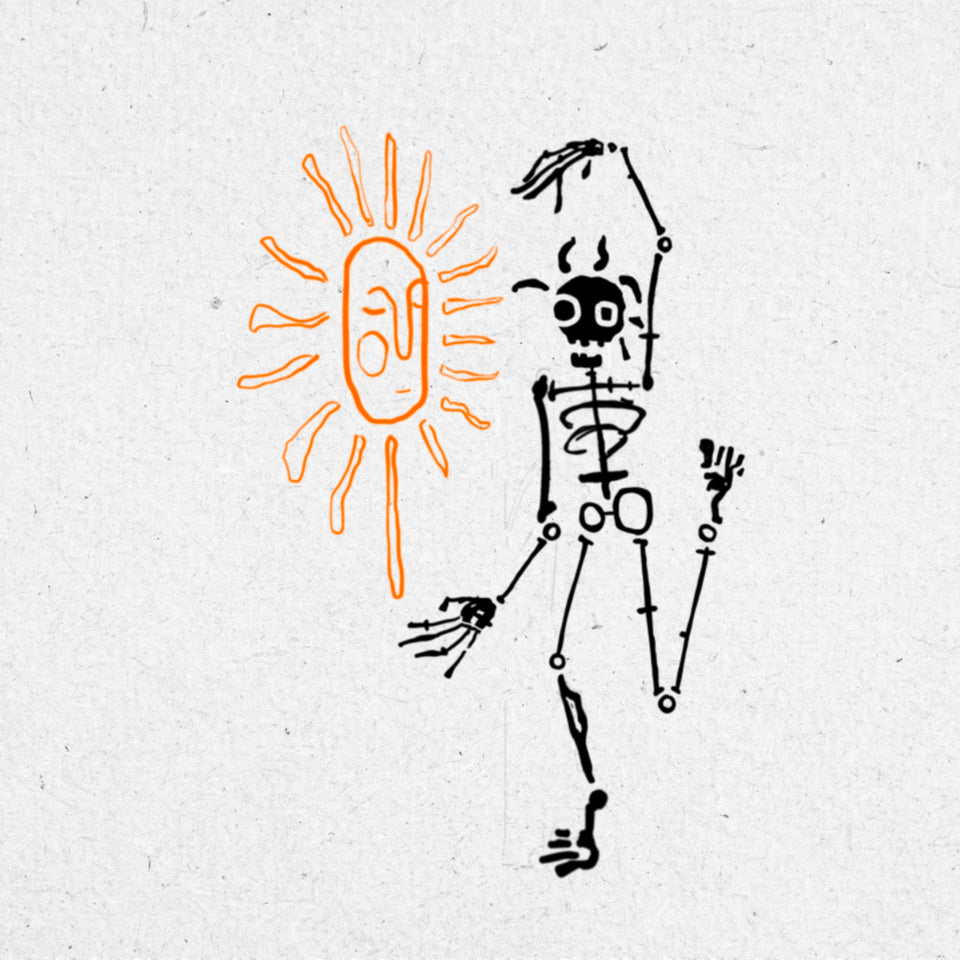 Bold drawing of a skeleton in black ink reaching towards an orange sun on a textured white background