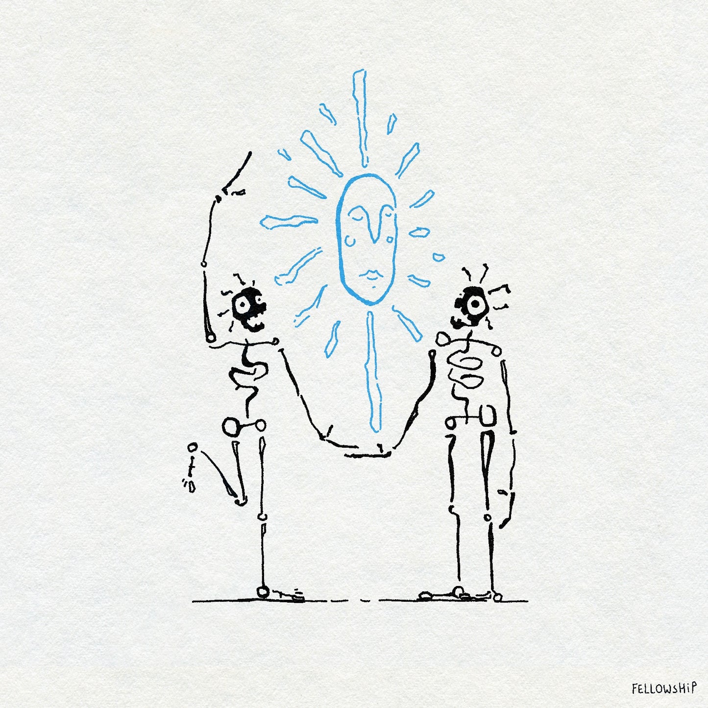 Illustration of two bold line work skeletons with a blue sunshine with a face between them on a white background.