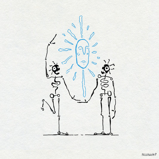 Illustration of two bold line work skeletons with a blue sunshine with a face between them on a white background.