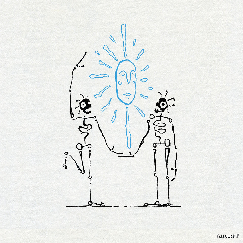 Illustration of two bold line work skeletons with a blue sunshine with a face between them on a white background.