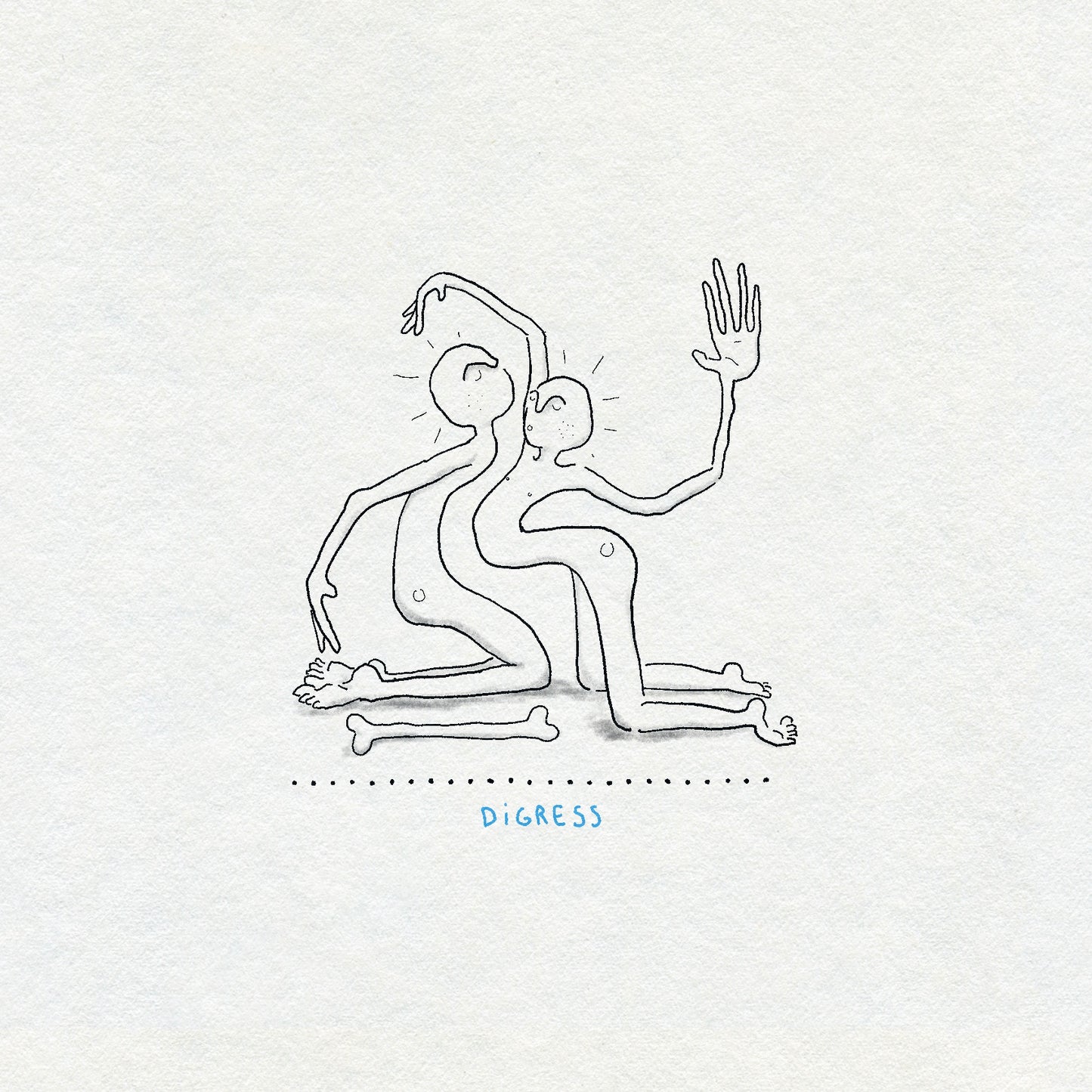 Fine line drawing of two human bendy figures kneeling, on a light gray background with 'DIGRESS' text and a bone next to them.