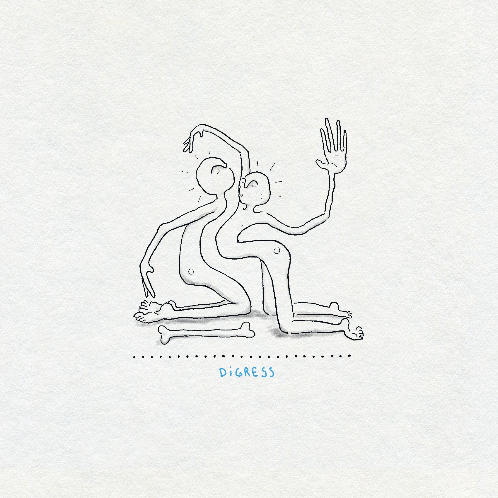 Fine line drawing of two human bendy figures kneeling, on a light gray background with 'DIGRESS' text and a bone next to them.