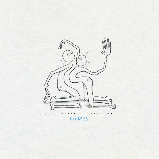 Fine line drawing of two human bendy figures kneeling, on a light gray background with 'DIGRESS' text and a bone next to them.