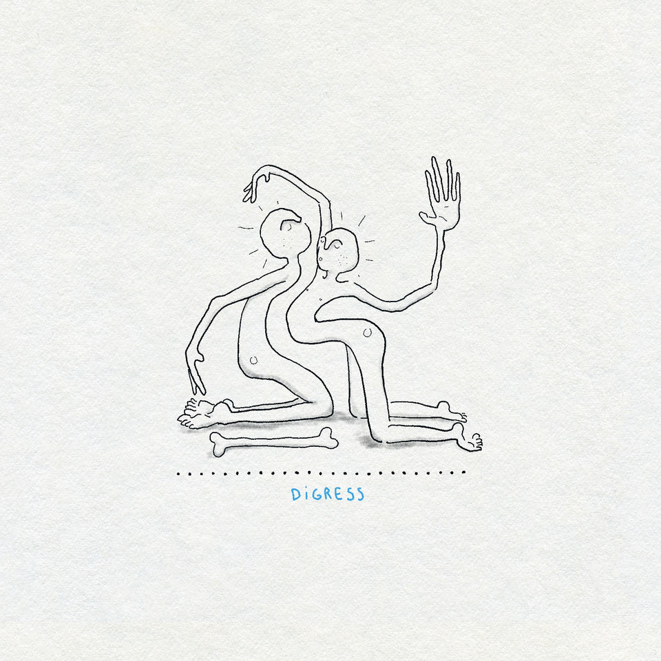Fine line drawing of two human bendy figures kneeling, on a light gray background with 'DIGRESS' text and a bone next to them.