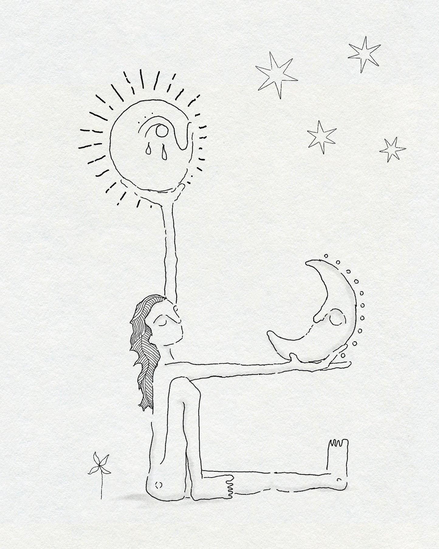 Fine line drawing in black ink of a woman, seated, holding a crying sun and moon in outstretched arms. There are stars above her and a small delicate flower behind her. On white textured paper. 