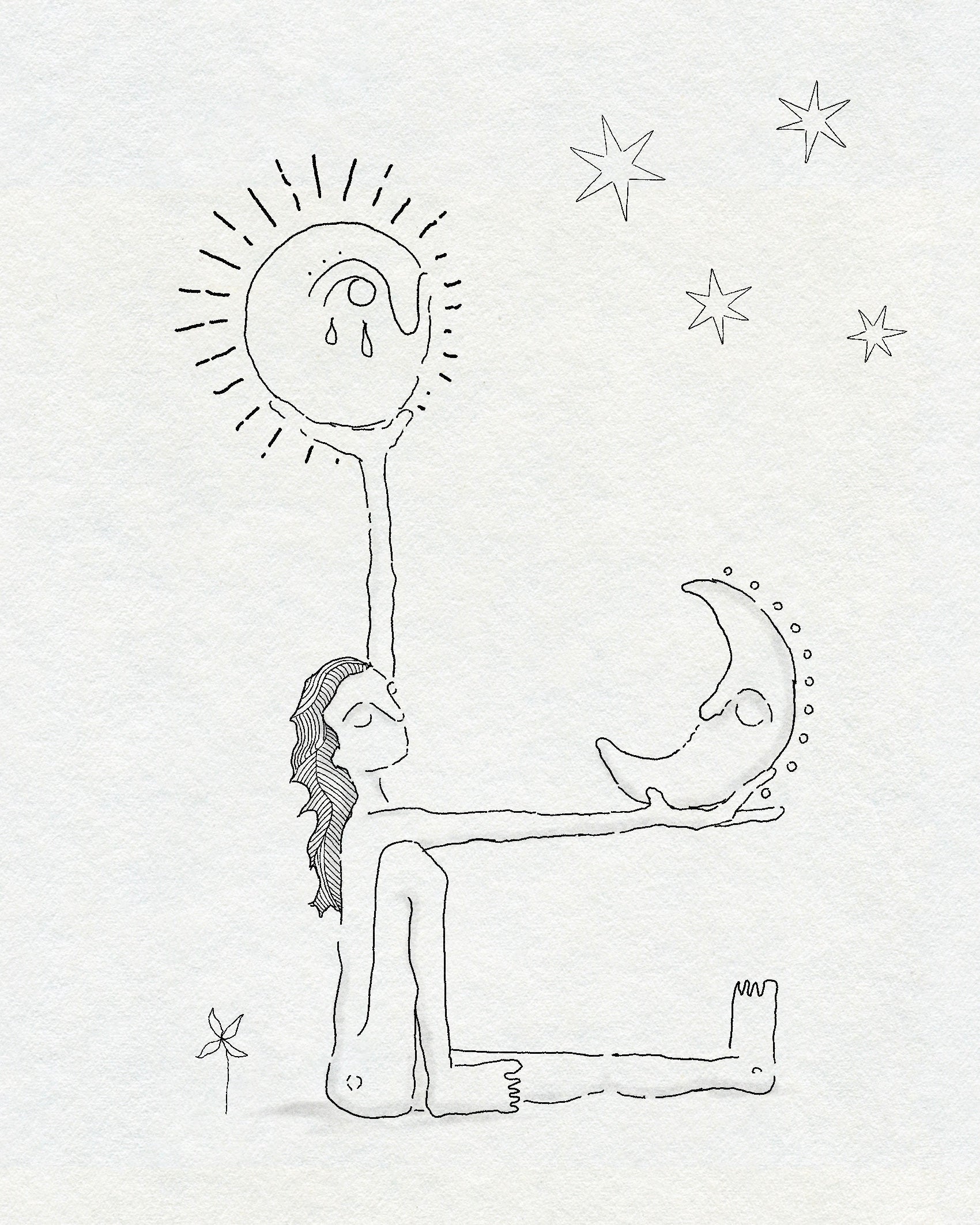 Fine line drawing in black ink of a woman, seated, holding a crying sun and moon in outstretched arms. There are stars above her and a small delicate flower behind her. On white textured paper. 