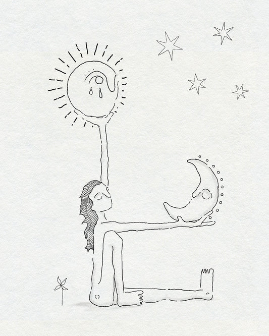 Fine line drawing in black ink of a woman, seated, holding a crying sun and moon in outstretched arms. There are stars above her and a small delicate flower behind her. On white textured paper. 