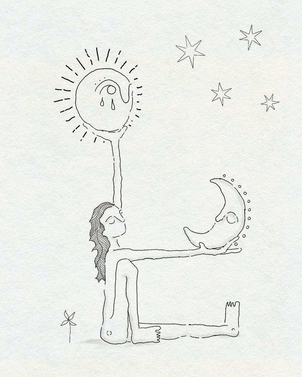 Fine line drawing in black ink of a woman, seated, holding a crying sun and moon in outstretched arms. There are stars above her and a small delicate flower behind her. On white textured paper. 