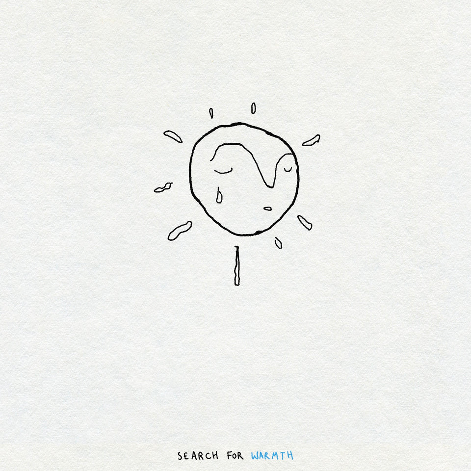 Simple black minimal line drawing of a sun with a face on a white background, accompanied by the text 'SEARCH FOR WARMTH'. The sun is crying.