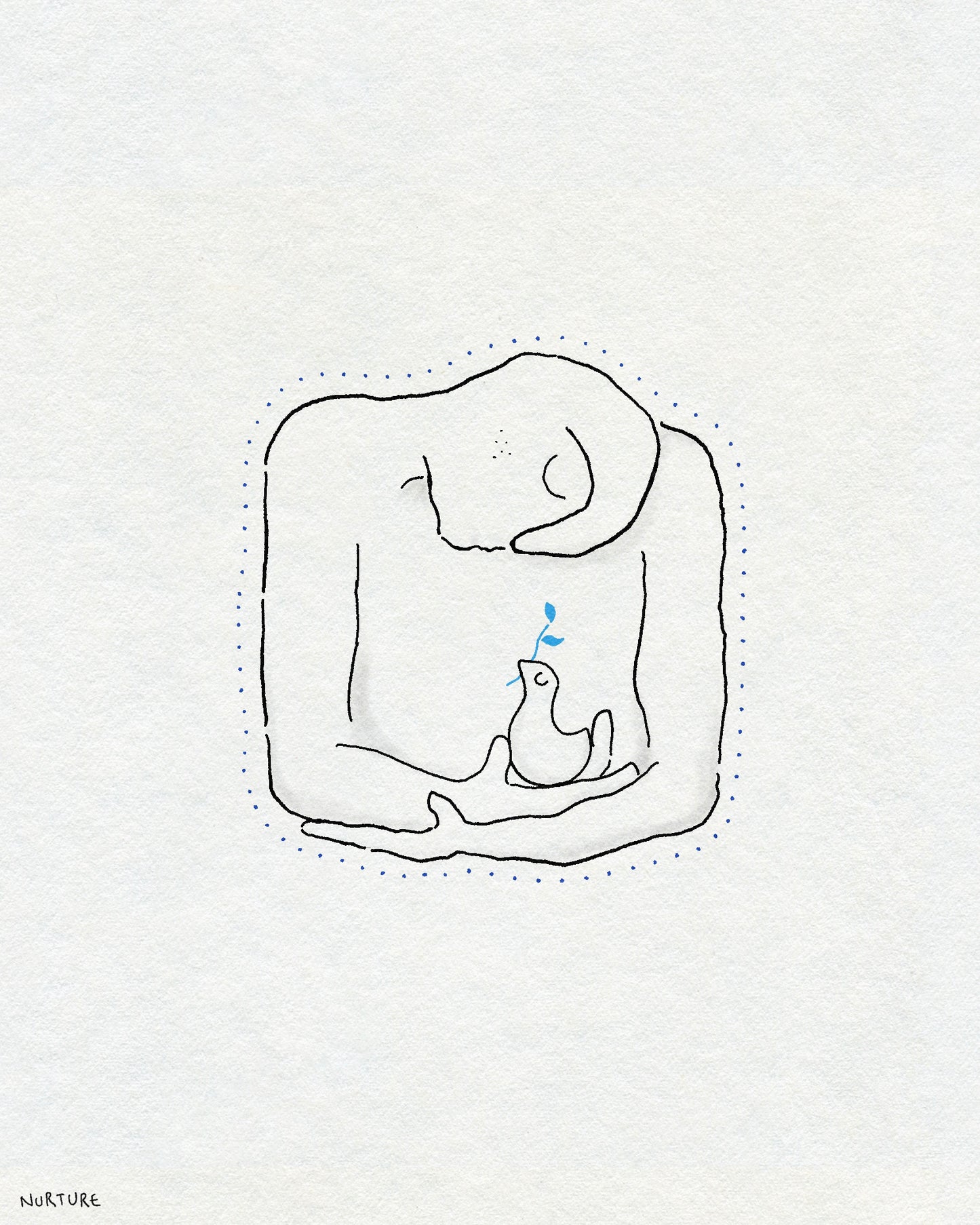 A fineline drawing of a person holding a bird with a small blue branch in their beak. The person has a dotted outline around them. Text on the bottom left corner says NURTURE
