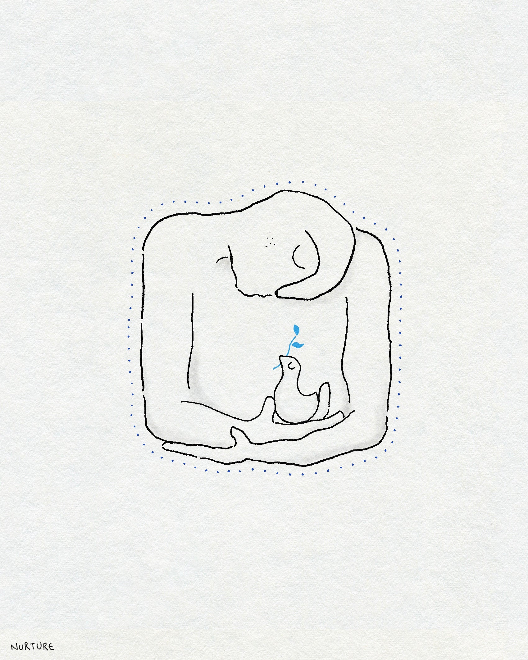 A fineline drawing of a person holding a bird with a small blue branch in their beak. The person has a dotted outline around them. Text on the bottom left corner says NURTURE