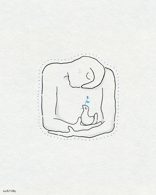 A fineline drawing of a person holding a bird with a small blue branch in their beak. The person has a dotted outline around them. Text on the bottom left corner says NURTURE