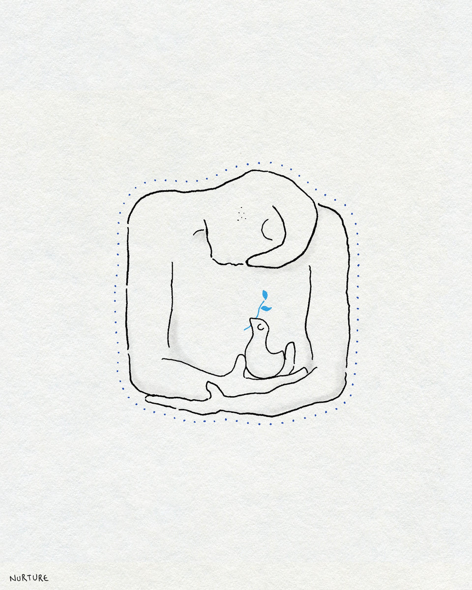 A fineline drawing of a person holding a bird with a small blue branch in their beak. The person has a dotted outline around them. Text on the bottom left corner says NURTURE