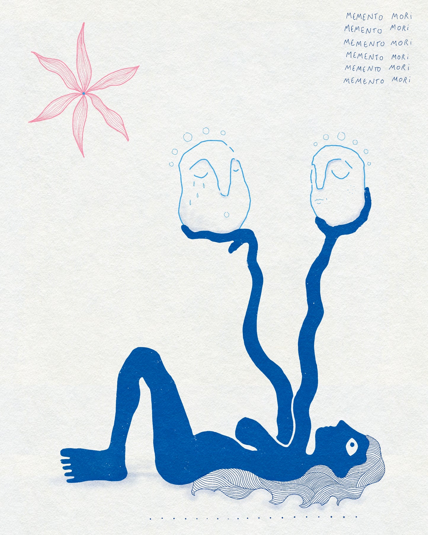 Blue figure lying and holding white faces.  There is a pink fineline flower on a light gray background with the words MEMENTO MORI repeated in the top corner 